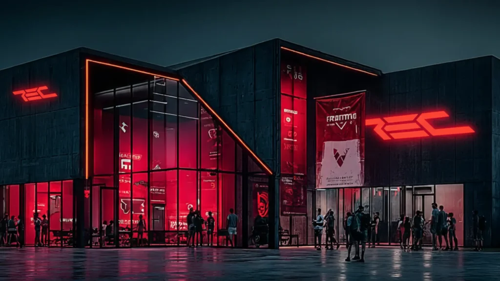 Fachada de un recinto de esports con el logo de REC iluminado en rojo, de noche