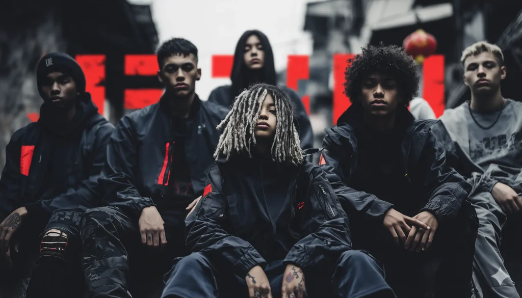 Grupo de jóvenes con estética urbana y tonos rojos y negros, imagen de cabecera de “Quiénes somos” en Rivas Esports Club