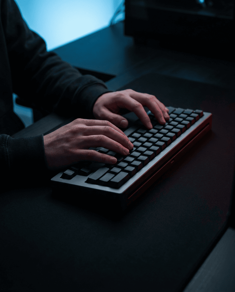 Manos sobre teclado mecanico en estacion de juego del club